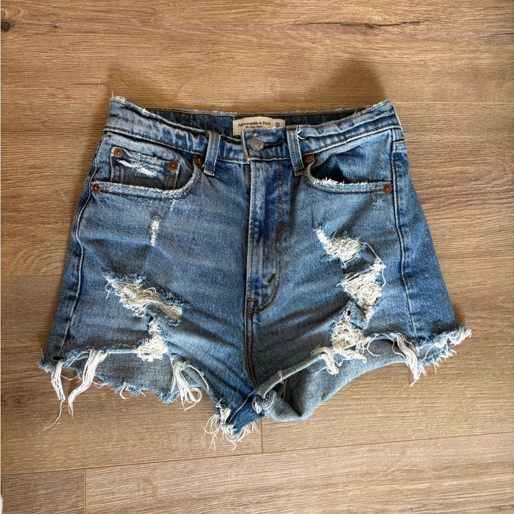 Abercrombie & Fitch Distressed Blue Denim High-Rise Shorts